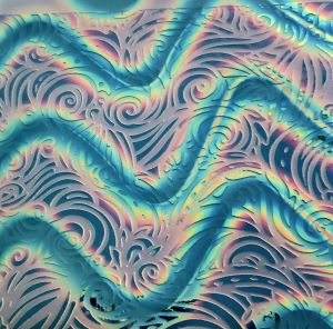 90 Sand Carved Pattern #163 Mermaid Curls, Twizzle Candy Dichroic on Turquoise-Neo Lavender Swirl Glass