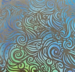 90 Pre Made Etched Pattern #163 Mermaid Curls, Aurora Borealis Blue Gold Dichroic on Vintage Uroboros FX Thin Clear Glass