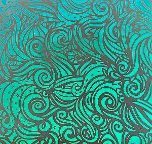 90 Pre Made Etched Pattern #163 Mermaid Curls, M-Green Dichroic on Vintage Uroboros FX Thin Clear Glass