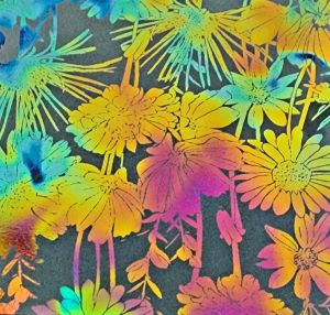 90 Pre Made Etched Pattern #168 Flower Garden 1, Aurora Borealis G-Magenta Dichroic on Vintage FX Thin Clear Glass