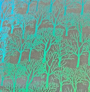 90 Pre Made Etched Pattern #174 Small Tree Silhouette, M-Green Dichroic on Thin Clear Glass