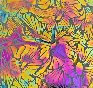 90 Pre Made Etched Pattern #194 Dancing Sunflowers, Aurora Borealis G-Magenta Dichroic on Vintage FX Clear Glass