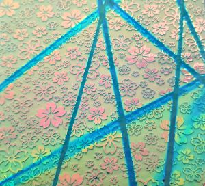 90 Sand Carved Pattern #210 Sakura, Pixie Stix Salmon Dichroic on Lt. Aqua Glass