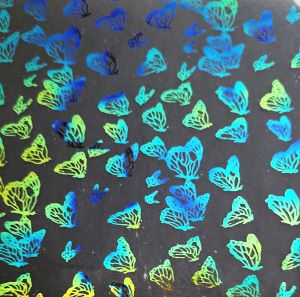 90 Pre Made Etched Pattern #101 Moths, Fusion Cyan Copper CBS Dichroic on Thin Clear Glass