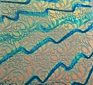 90 Sand Carved Pattern #177 Flora, Voltage Cyan Red Dichroic on Turquoise OP Glass