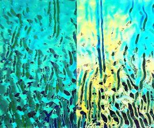 90 Specialty Aurora Borealis Cyan Copper Dichroic on Light Aqua Ripple Glass