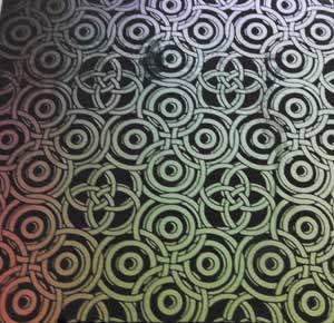 90 Pre Made Etched Pattern #030 Interlocking Circles, Mixture Dichroic on thin Black Glass