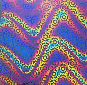 90 Pre Made Etched Pattern #077 Woven Cane, Twizzle Green Magenta Blue Dichroic on Thin Clear Glass