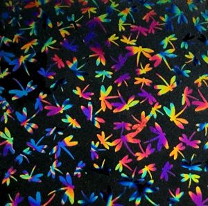 90 Pre Made Etched Pattern #089 Dragonflies, Fusion G-Magenta Blue Dichroic on Thin Black Glass