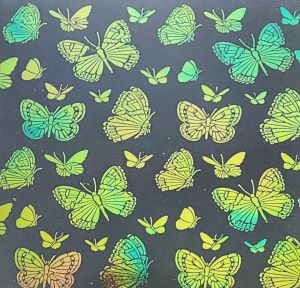 90 Pre Made Etched Pattern #093 Large Butterflies, Aurora Borealis Cyan Copper Dichroic on Thin Black Glass