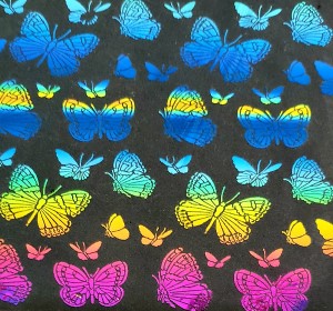 90 Pre Made Etched Pattern #093 Large Butterflies, RBC G-magenta Blue Dichroic on Thin Black Glass