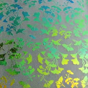 90 Pre Made Etched Pattern #104 Small Ginkgoes, Aurora Borealis Cyan Copper Dichroic on Thin Clear Glass