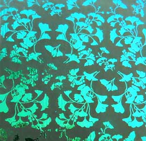 90 Pre Made Etched Pattern #104 Small Ginkgos, P-Teal Dichroic on Thin Clear Glass
