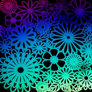 90 Pre Made Etched Pattern #105 Flowers, RB2 Dichroic on Vintage FX Thin Black Glass