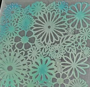 90 Pre Made Etched Pattern #105 Flowers, Aurora Borealis R-Silver Blue Dichroic on Thin Clear Glass