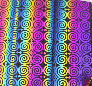 90 Pre Made Etched Pattern #121 Roman Spirals, RBB G-Magenta Blue CBS Dichroic on Thin Black Glass