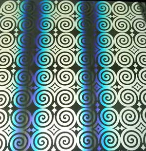 90 Pre Made Etched Pattern #121 Roman Spirals, RBB Silver Dichroic on Thin Clear Glass