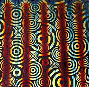 90 Pre Made Etched Pattern #148 Psycho Circles, RBA Candy Dichroic on Thin Clear Glass