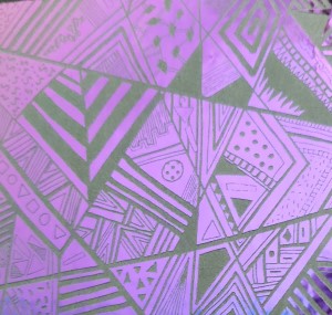 90 Pre Made Etched Pattern #169, Geometric Patchwork, Crinkle Purple Dichroic on Thin Black Glass