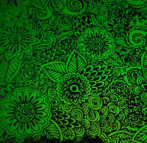90 Pre Made Etched Pattern #195 Flower Garden 2, Emerald Dichroic on Thin Black Glass