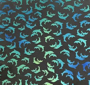 90 Pre Made Etched Pattern #203 Dolphins, Aurora Borealis Blue Gold CBS Dichroic on Thin Clear Glass