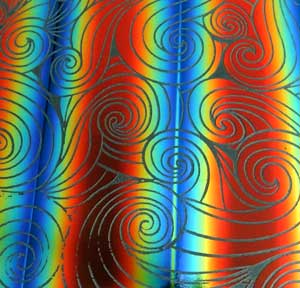 90 Pre Made Etched Pattern #219 Relaxed Curl, RBB Candy Dichroic on Thin Black Glass