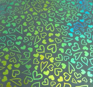 90 Pre Made Etched Pattern #222 Dancing Hearts, Aurora Borealis Cyan Copper Dichroic on Thin Black Glass