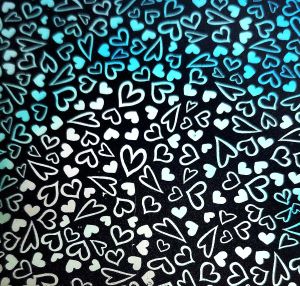 90 Pre Made Etched Pattern #222 Dancing Hearts, Aurora Borealis R-Silver Dichroic on Thin Black Glass