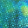 90 Sand Carved Pattern #062 Triangles & Squares, Aurora Borealis Cyan Copper Dichroic on Lt. Green Glass