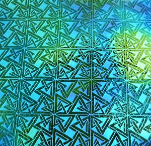 90 Sand Carved Pattern #062 Triangles & Squares, Aurora Borealis Cyan Copper Dichroic on Lt. Green Glass