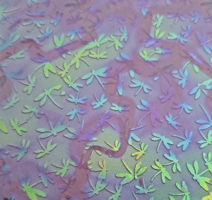 90 Sand Carved Pattern #089 Dragonflies, Fusion Emerald Dichroic on Neo Lavender Glass
