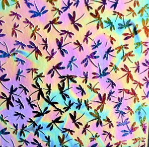 90 Sand Carved Pattern #089 Dragonflies, Fusion G-Magenta Blue on Dark Green Glass