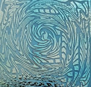 90 Sand Carved Pattern #116 Vortex, Aurora Borealis R-Silver Dichroic on Denim Blue  Glass