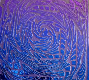 90 Sand Carved Pattern #116 Vortex, Crinkle Violet Dichroic on Avocado Glass