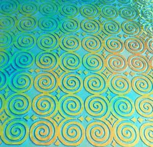 90 Sand Carved Pattern #121 Roman Spirals,  Aurora Borealis Salmon Dichroic on Violet Striker Glass