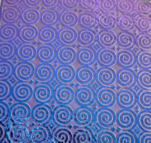 90 Sand Carved Pattern #121 Roman Spirals, Crinkle Violet Dichroic on Avocado Glass