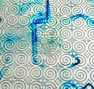 90 Sand Carved Pattern #121 Roman Spirals, Fusion R-Silver Dichroic on True  BlueGlass