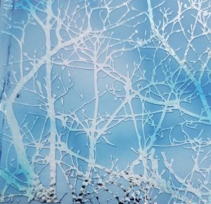 90 Sand Carved Pattern #134 Tree Silouette, Aurora Borealis R-Silver Dichroic on Denim Glass