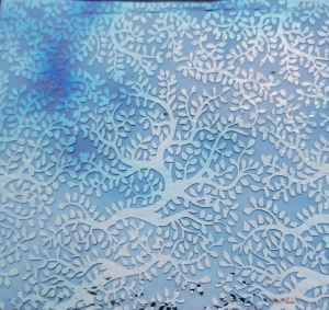 90 Sand Carved Pattern #137 Henna Tree, Aurora Borealis R-Silver Dichroic on Denim Glass