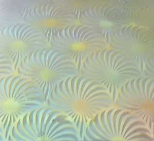 90 Sand Carved Pattern #139 Florida Fans, Aurora Borealis G-Pink Dichroic on Cream OP Glass