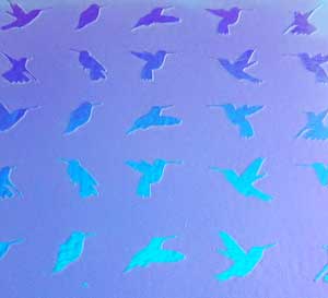 90 Sand Carved Pattern #152 Hummers, Crinkle Purple Dichroic on Denim Glass
