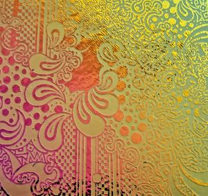 90 Sand Carved Pattern #165 Album Art, RB4 Dichroic on Sienna Glass