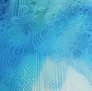 90 Sand Carved Pattern #165 Album Art,  R-Silver Blue Dichroic on Blue and White Swirl Glass