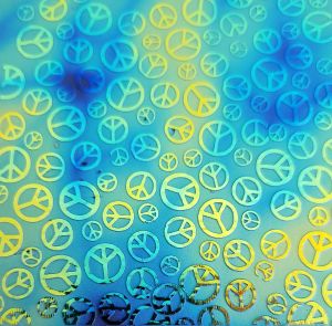 90 Sand Carved Pattern #170 Peace Sign, Aurora Borealis Cyan Copper CBS Dichroic on Dk Green Glass