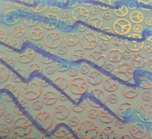 90 Sand Carved Pattern #170 Peace Signs, Voltage Cyan Red Dichroic on Neo Lavender Op Glass