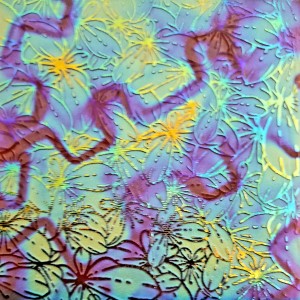 90 Sand Carved Pattern #184 Crowded Butterflies, Fusion Cyan Copper Dichroic on Sunset  Glass