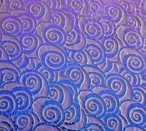 90 Sand Carved Pattern #188 Burton Spiral, Crinkle Violet Dichroic on Teal Glass