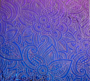 90 Sand Carved Pattern #190 Flower Garden #2, Crinkle Violet Dichroic on Teal Glass