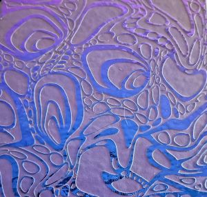 90 Sand Carved Pattern #192 Cell Slide, Crinkle Violet Dichroic on Avocado Glass