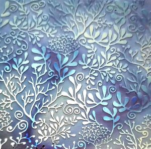 90 Sand Carved Pattern #198 Seaweed 1, Aurora Borealis R-Silver Blue CBS Dichroic on Black Glass